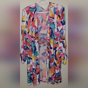 Susan Graver Passport Women's‎ Sz 3XP Printed Silky Open Front Cardigan Kimono